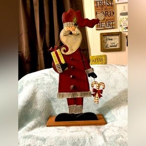 Wooded Santa, white and grey is tin, present and candy canes are tin, so cute